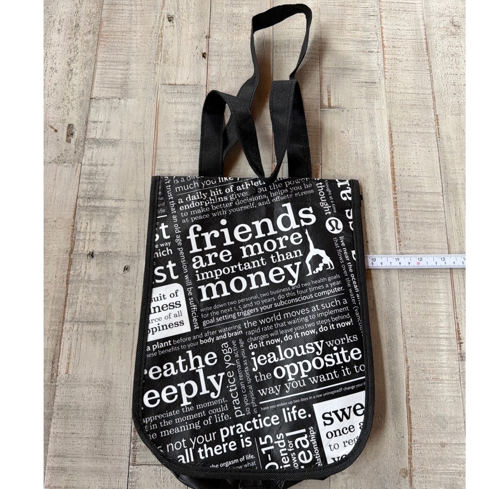 Lululemon Small Reusable Tote Bag Black White Manifesto Print Snap Closure